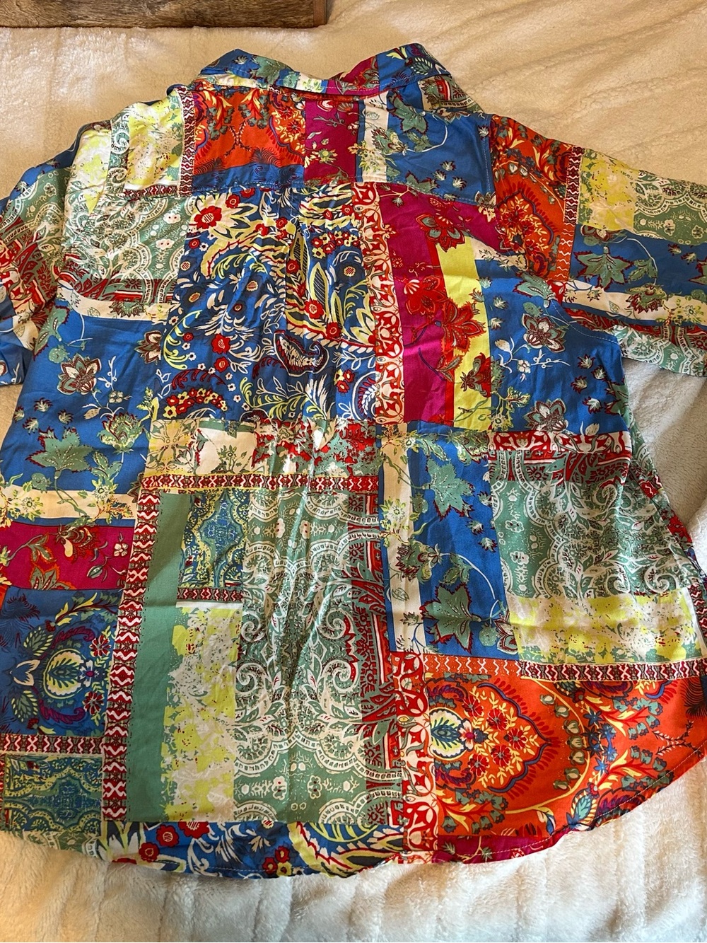 Colorful patchwork 3/4 sleeve button-down top - Picture 4 of 6
